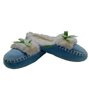 DEARFOAMS Womens Slippers M 7-8 Blue/Green Faux Suede Fur Lined Large Stitching